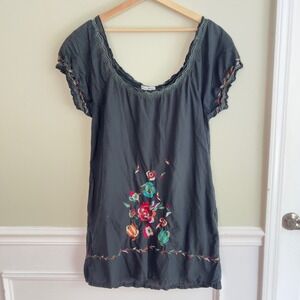 Black Embroidered Tunic Dress Womens Large Boho Floral Black Summer Folk READ